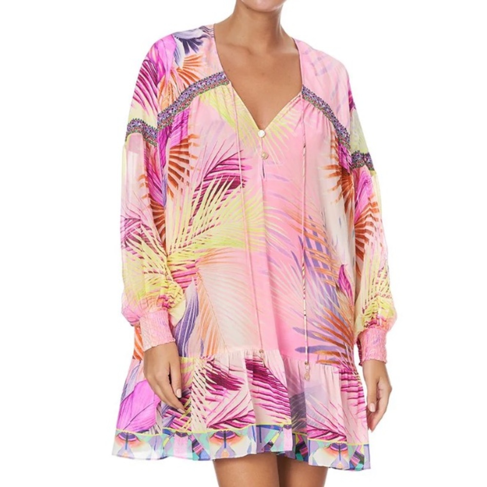 CAMILLA caftan coverup - gathered yoke dress SOUTH BEACH SUNRISE pink crystal